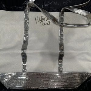 Victoria’s Secret champagne/silver sequin‎ large zipper tote